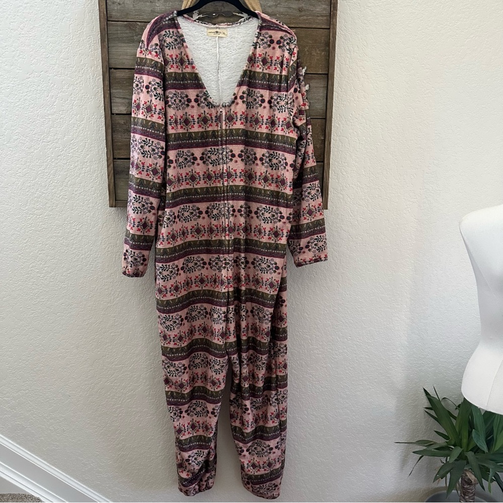 Natural Life Fair Isle cozy Cream Fleece pajama jumpsuit ladies size XL
